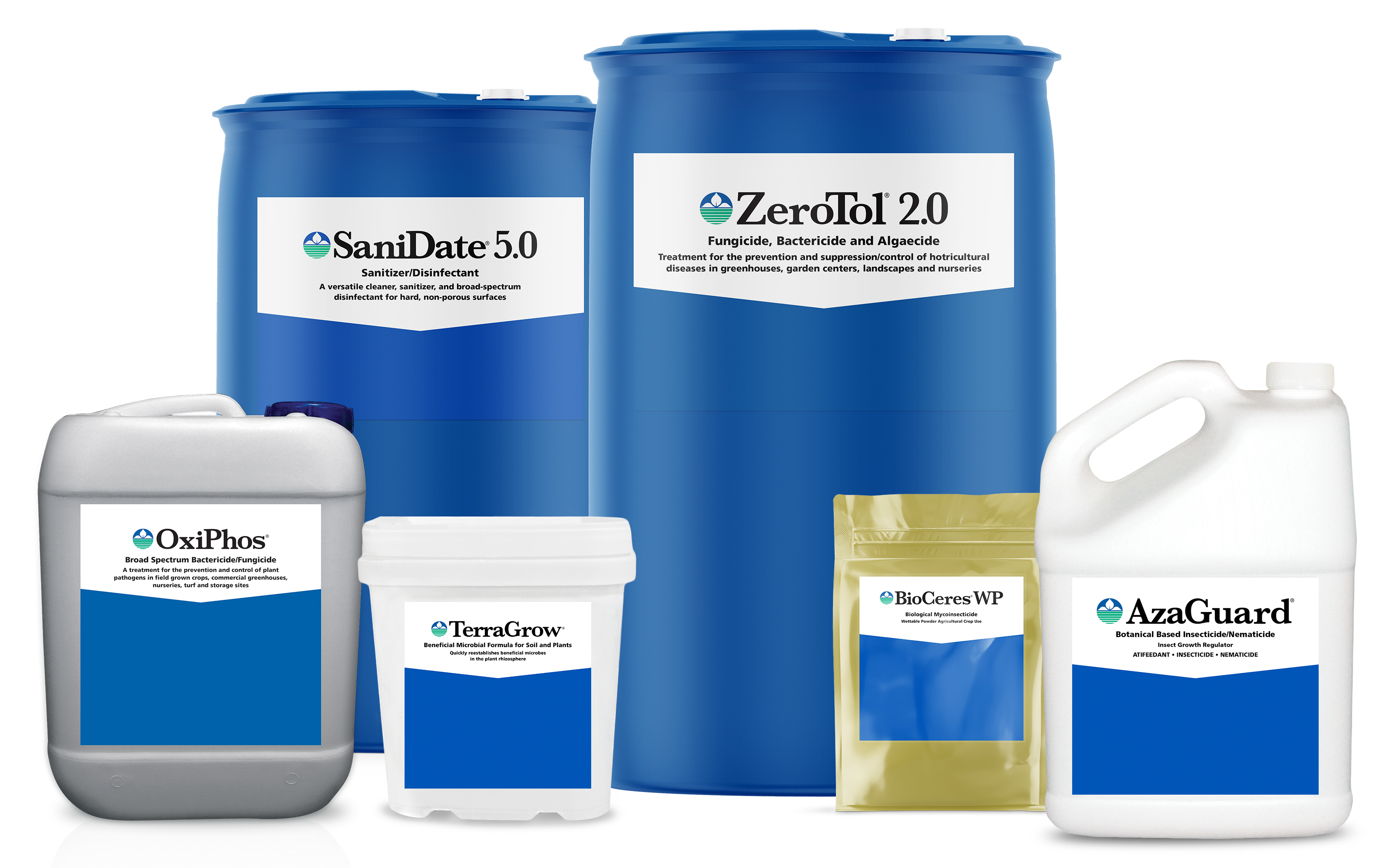 Product shot of SaniDate 5.0, ZeroTol 2.0, OxiPhos, TerraGrow, BioCeres WP and AzaGuard